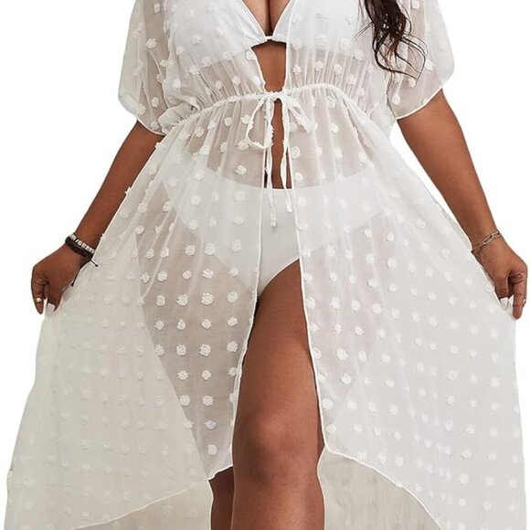 Jewelry - Women's Plus Size Kimono Cover Up Swiss Dots Sheer Mesh Tie Waist Beach Swimsuit